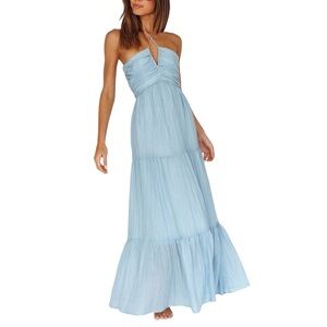 NWOT Selfie Leslie Asiah Halter Light Blue Tiered Maxi Dress MEDIUM in Ice Blue